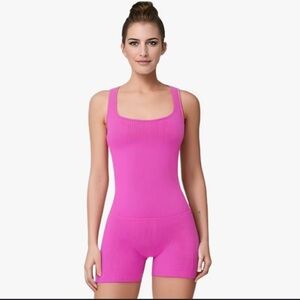 Pink ribbed square neck one piece romper